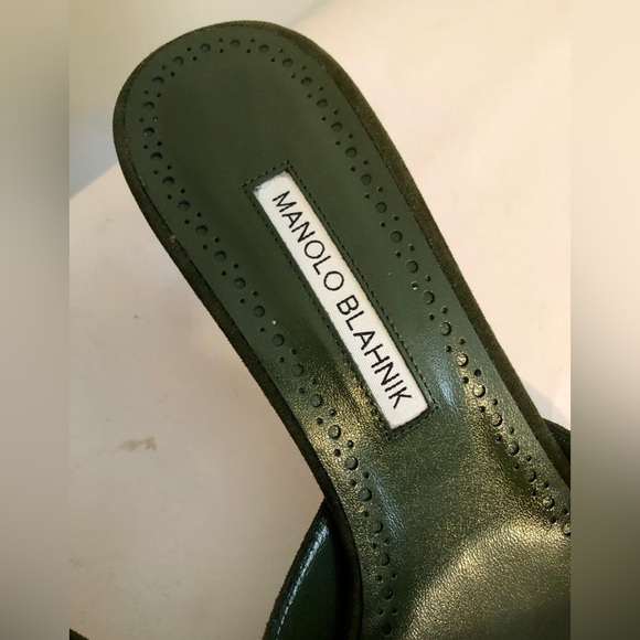 MANOLO BLAHNIK Moiramu 50 Suede Mules Shoes Army Green US 8 - EU 38 NEW - Picture 11 of 13